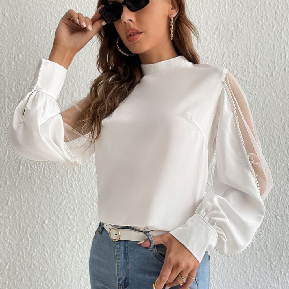 Elegant Sheer Mesh Long Sleeve Pearls Beaded Mock Neck Blouse Blue - Picture 12 of 14